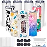 UIRZOTN 8 Pack 20oz Sublimation Tumbler Blanks Skinny Straight in Bulk, Stainless Steel Insulated Sublimation Tumbler with Polymer Coating for Heat Transfer, With Lid, Straw, ribbon, Gift box