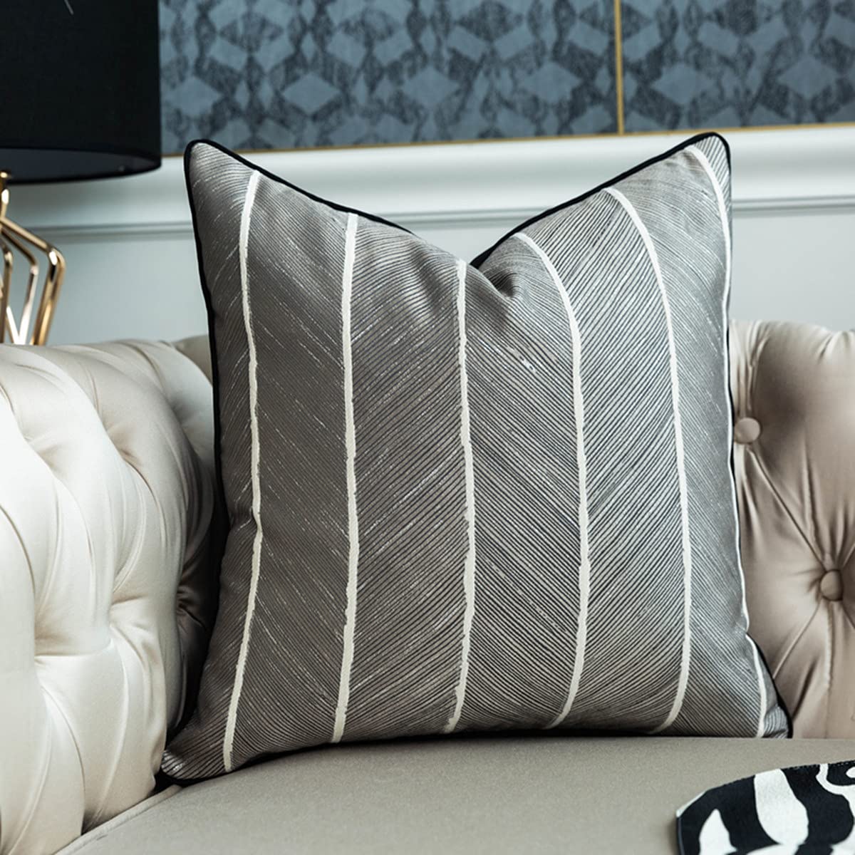 Black and Silver Cushion Cover,Throw Pillow Case Home Decorative for Living Room Bedroom Sofa Chair with Invisible Zipper and Black Piped Edges, 18X18 Inch,45X45cm