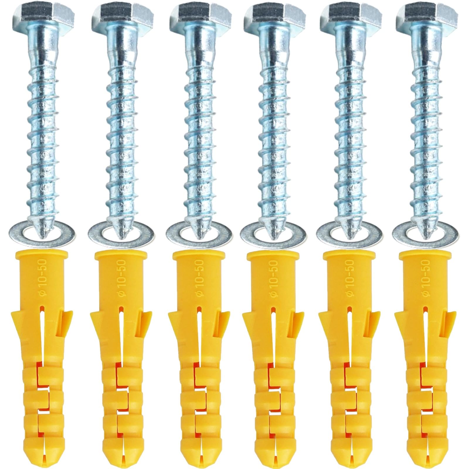 M10x50mm Heavy Duty Masonry Brick Wall Fixing plug + Coach Bolt Screw Zinc Plated and Washer,Strong Nylon Wall Plug Steel Bolt KIt for Tv Bracket Aerial Mast Sky Dishes Shelves Mounting (6)