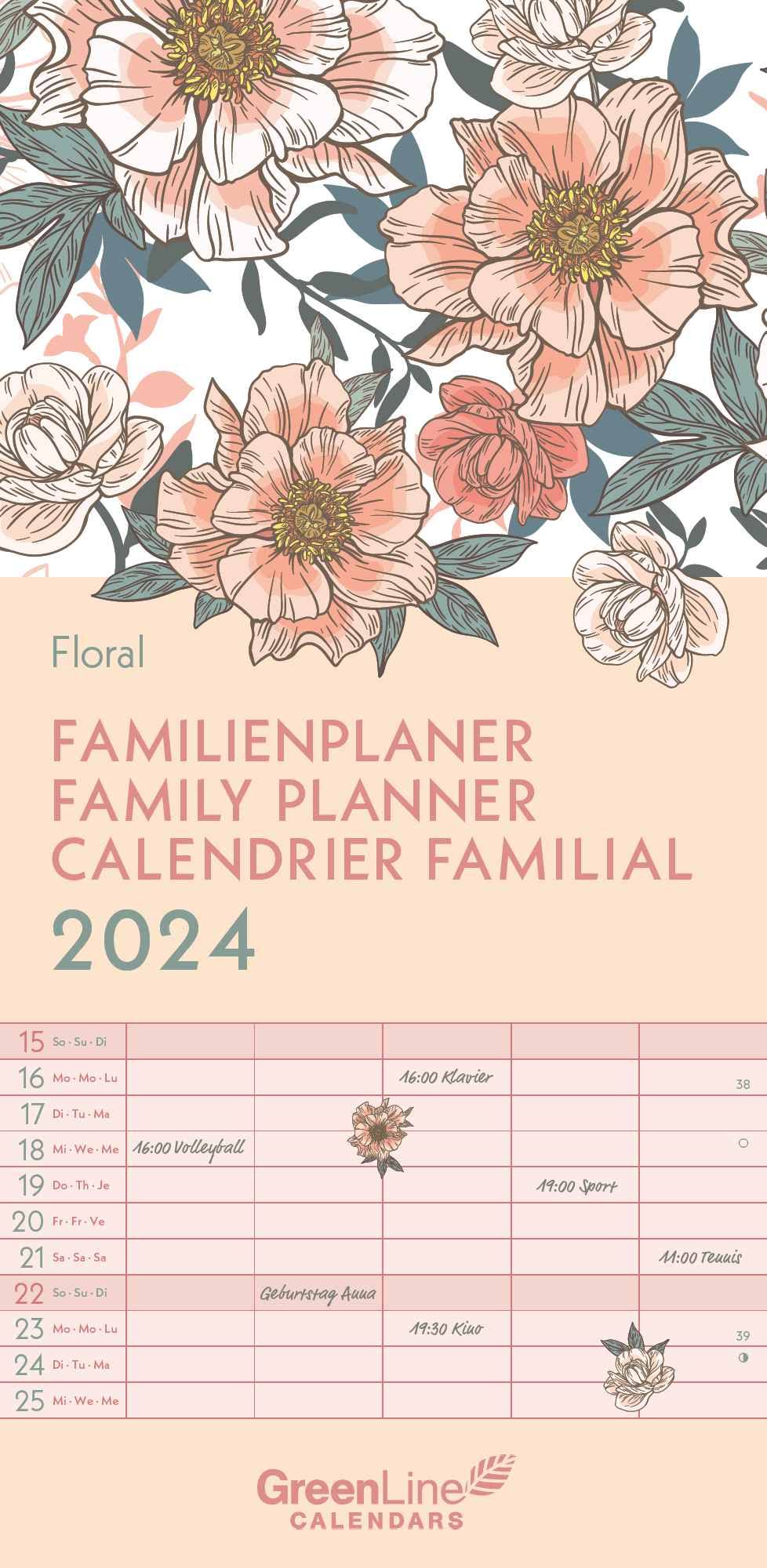 GreenLine Floral 2024 Family Planner - Family Calendar - Children's Calendar - 22 x 45 cm, Small