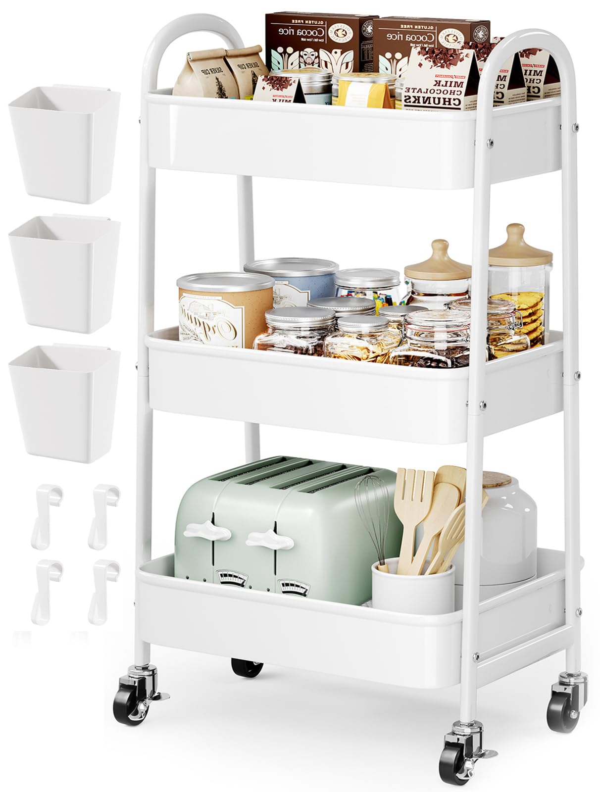Photo 1 of 3 Tier Rolling Cart Metal with Wheels, Heavy Duty White Three Tiered Craft Cart Organizer on Wheels, Utility Roller Storage Carts for Art, Baby Nursery, Diaper Caddy, Snack,Book,Nail,Cleaning Supplies