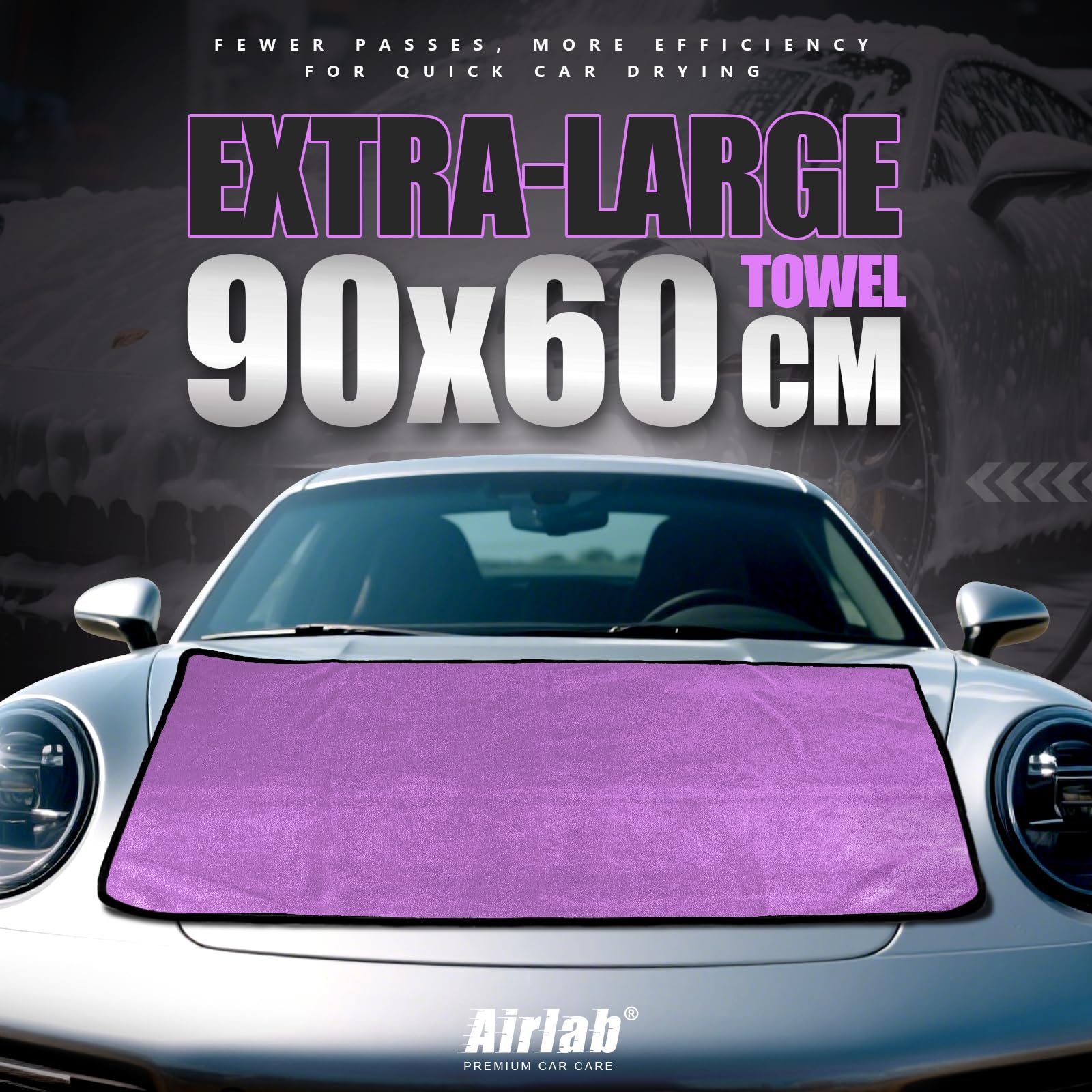 Airlab XXL Trockentuch Auto Mikrofasertücher 90X60 cm, Poliertücher Auto Tuch Zum Trocknen, Großes Microfasertuch für Autopflege, Saugstark & Lackschonend, Lila & Grau, 500 GSM 2