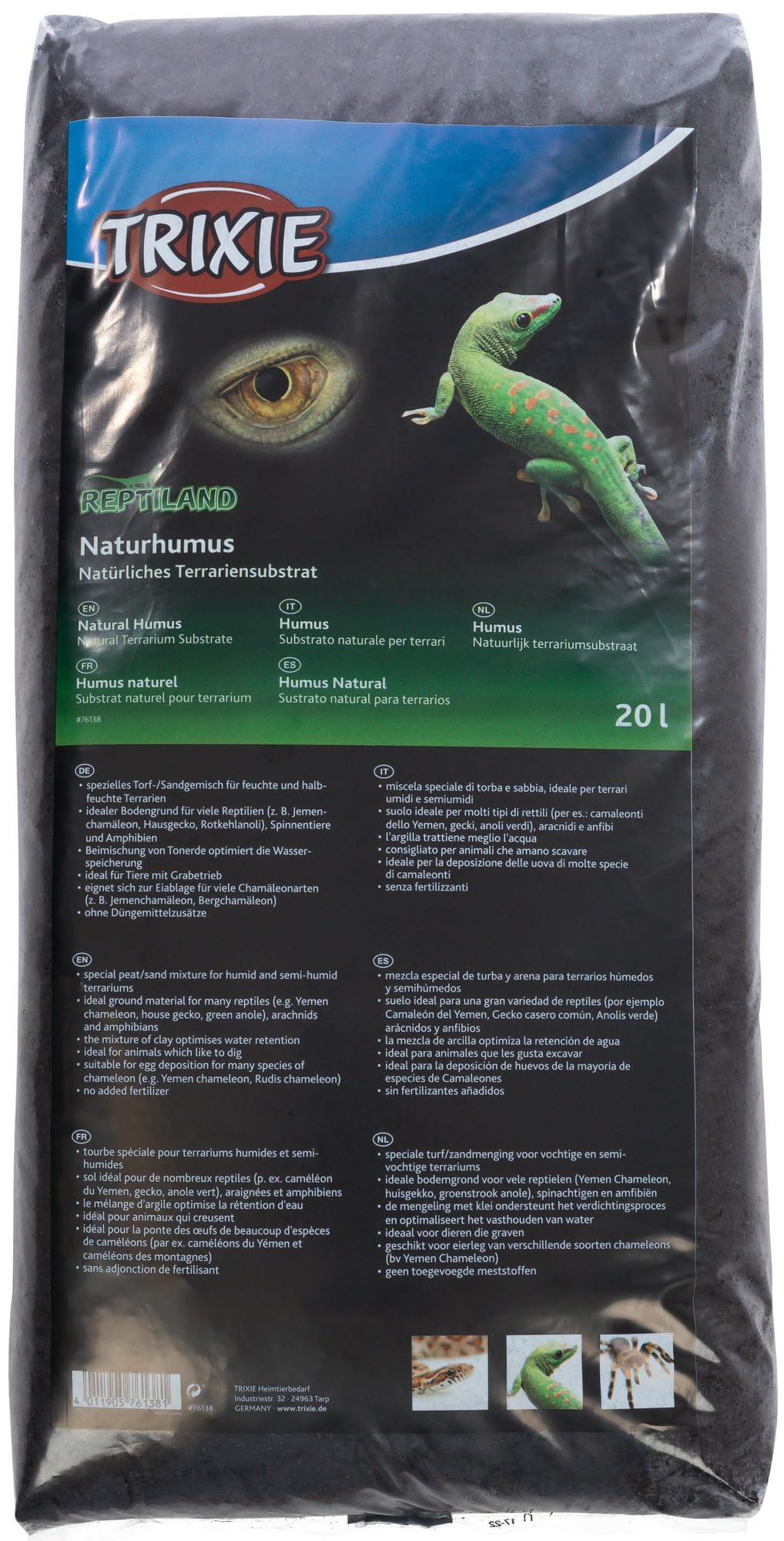 TRIXIE natural humus terrarium substrate made from a special peat-sand mixture - 20 litres - for moist and semi-moist terrariums -reptiles, spiders and amphibians -optimised for water retention -76138