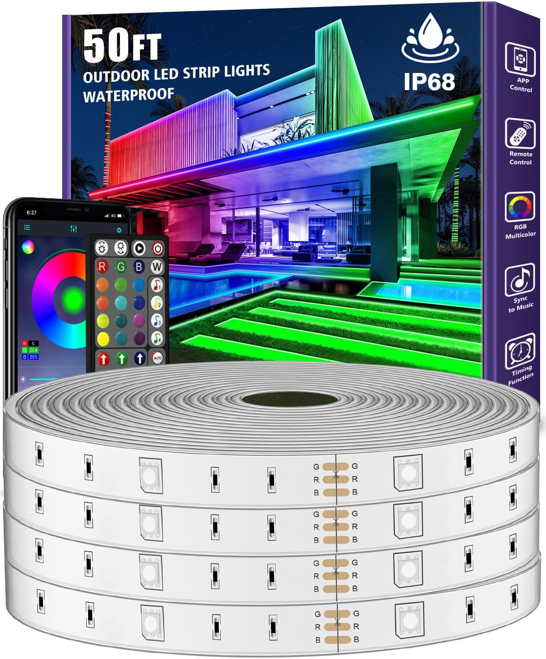 Photo 1 of zoegi Outdoor LED Strip Lights Waterproof,Music Sync RGB IP68 Outside Led Light Strips Waterproof with App and Remote,Exterior Led Rope Lights for Deck,Balcony,Roof,Garden,Pool (50FT)