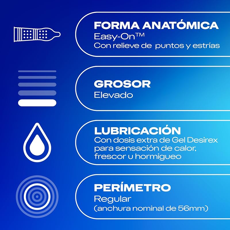 Preservativos intensos, com manchas e estrias, com gel Desirex, sensação quente, fria ou formigueira, 12 preservativos