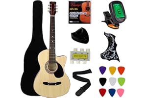 YMC 38" Cutaway Natural Beginner Acoustic Guitar Starter Package Student Guitar with Gig Bag,Strap, 3 thickness 9 picks,2 Pickguards,Pick Holder, Extra Strings, Electronic Tuner -Natural Cutaway
