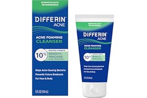 Differin Acne Face Wash with 10% Benzoyl Peroxide, Maximum Strength OTC Acne Foaming Cleanser, Fast Acting Acne Treatment for Face and Body, 5 oz.