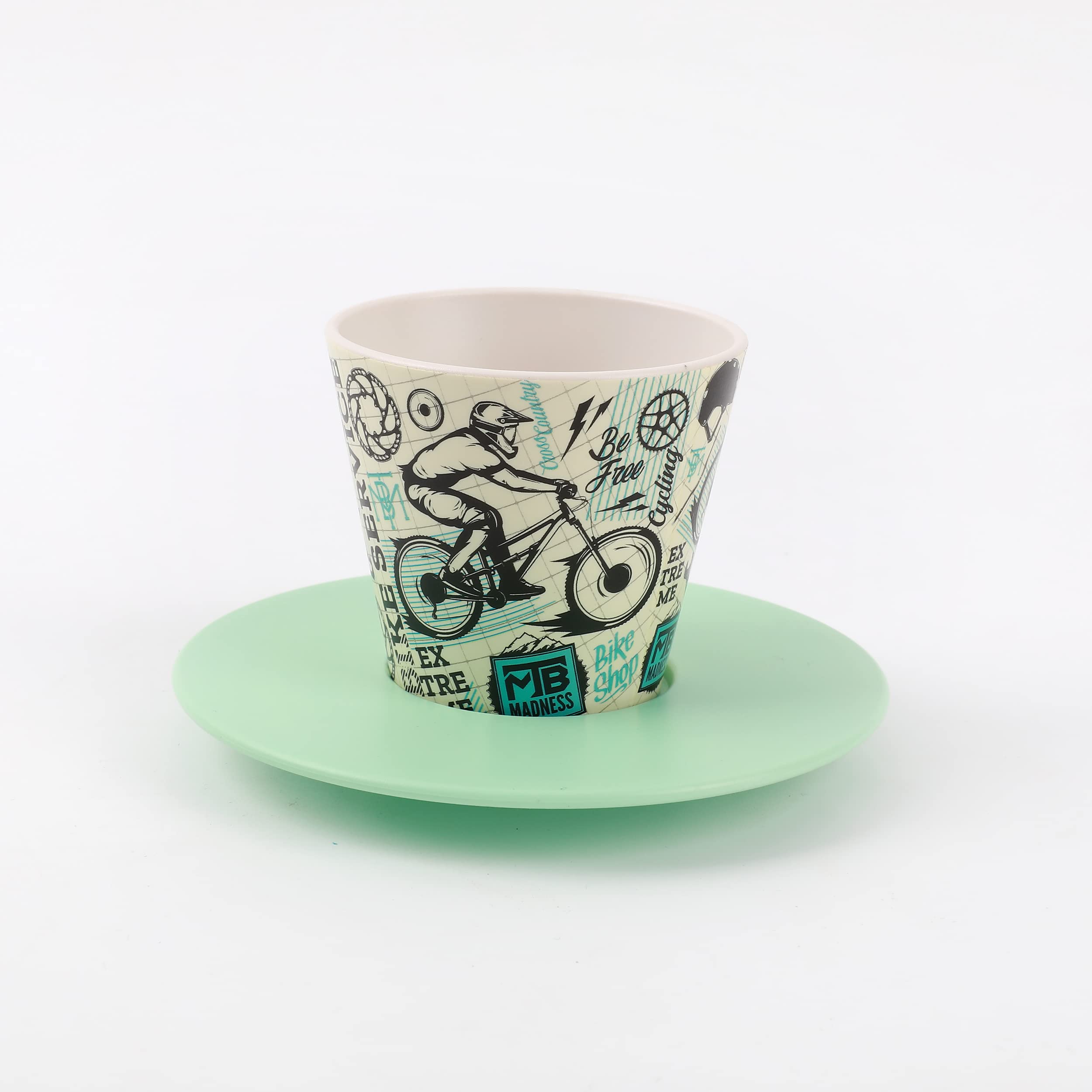 IDRINK® - RPET Cup, Saucer and Teaspoon Set | Great and Cute Gift with Respect to The Environment | (Bike)