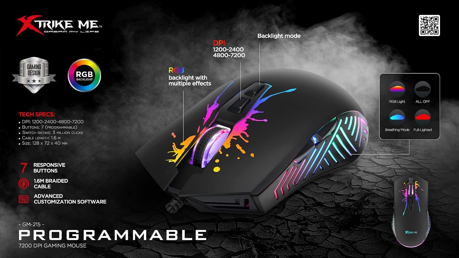 xtrike me GM-215 Optical Gaming Mouse with Adjustable DPI (7200/4800/2400/1200) 7 Buttons, Backlit, Black - Image 5