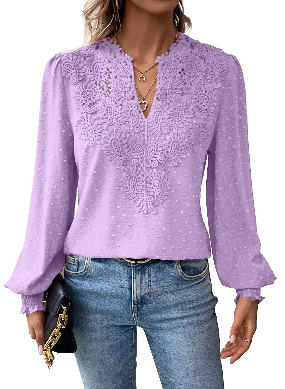 Falechay Womens Plus Size Tops Solid Flowy Blouse For Women Dressy Summer Long Sleeve V Neck Elegant Purple Tunic Winter Top Fall 6XL Image