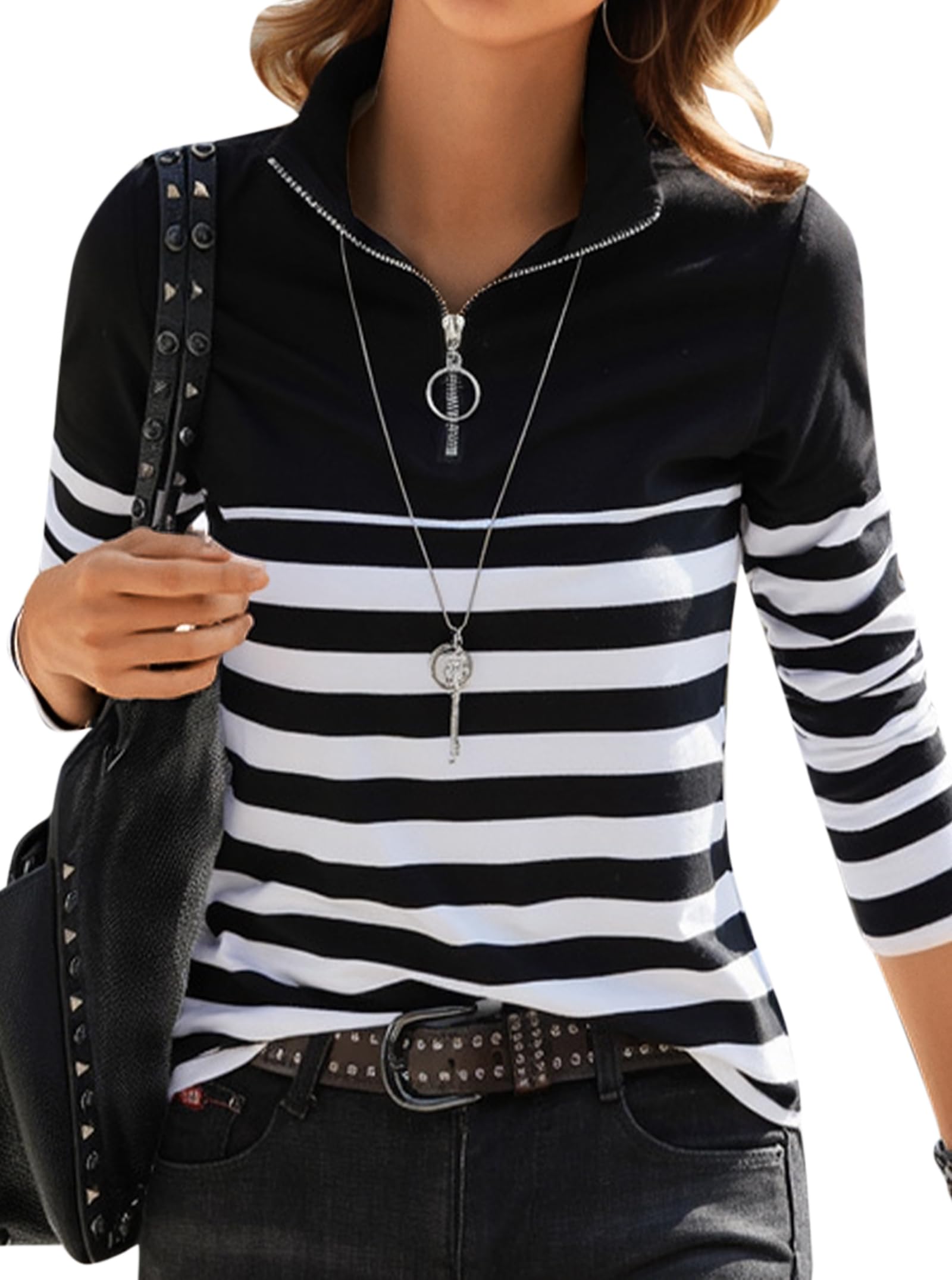Photo 1 of LilyCoco Womens Striped Long Sleeve Shirt Color Block Zipper Polo T Shirts Black Large