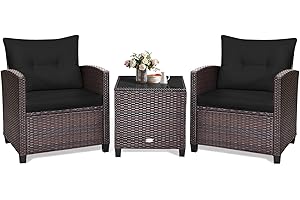 KOTEK 3 Piece Patio Furniture Set, Outdoor Conversation Set with Washable Cushions & Tempered Glass Tabletop, PE Rattan Wicke