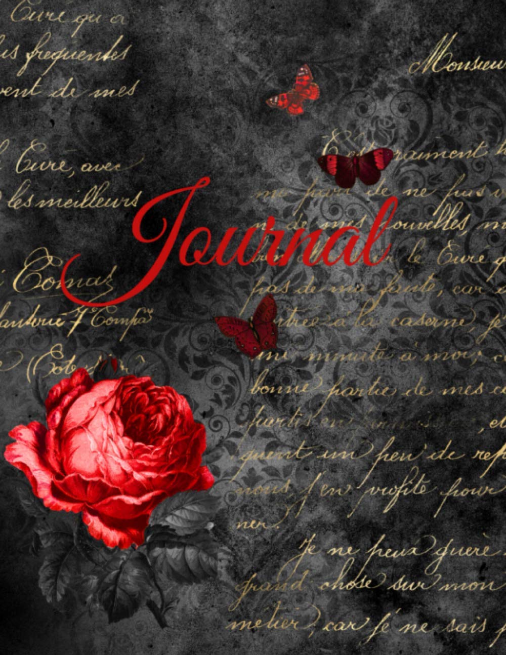 Journal: Gothic Script and red Rose, 200 pages, 8.5 x 11" blank lined notebook