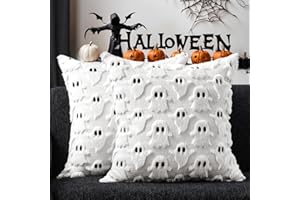 DFXSZ Halloween Pillow Covers 18x18 inch Set of 2 White Ghost Throw Pillow Cases Soft Plush Faux Fur Wool Couch Cushion Case for Chair Sofa Bedroom Living Room Home Decor PTK03A18
