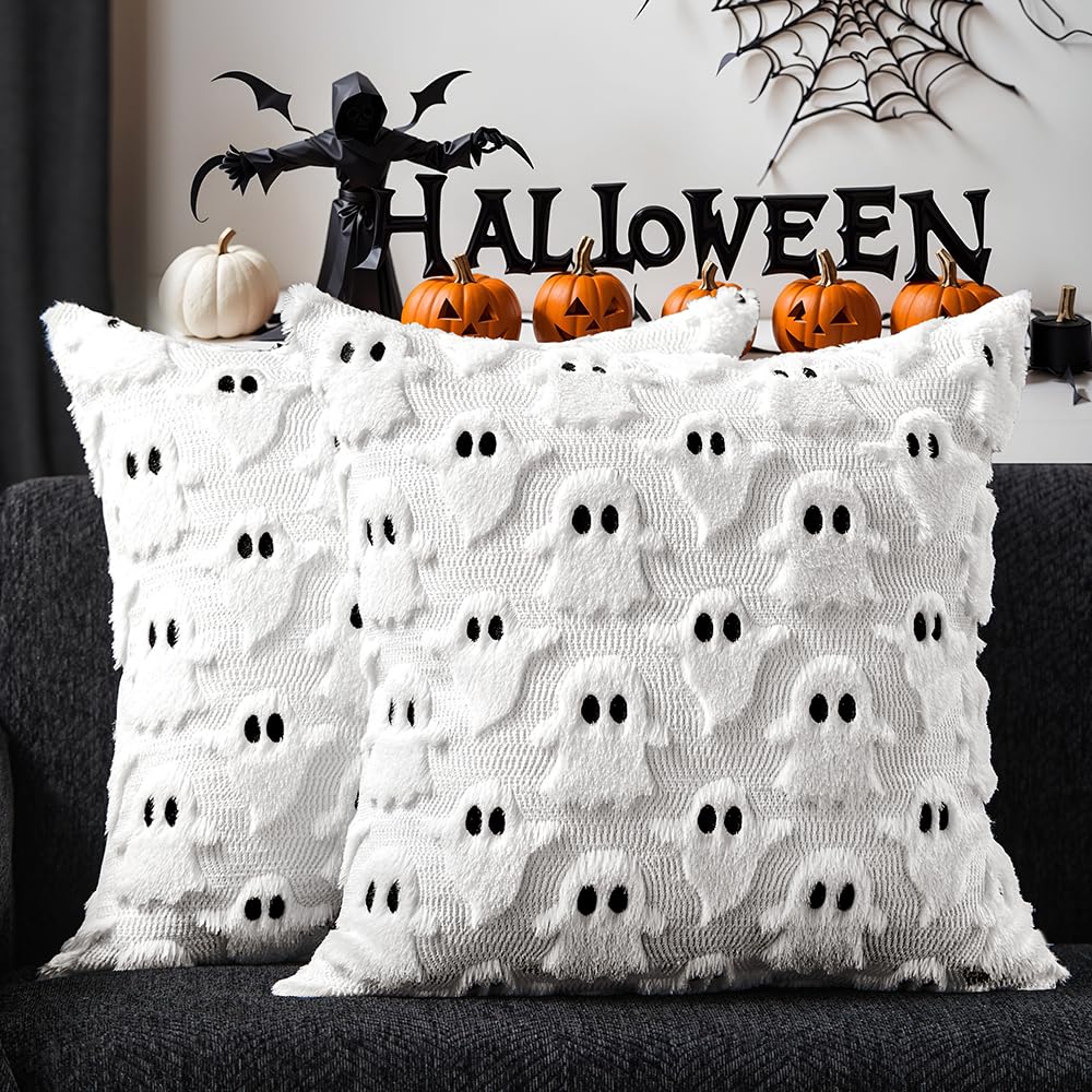 Photo 1 of DFXSZ Halloween Pillow Covers 24x24 inch Set of 2 White Ghost Throw Pillow Cases Soft Plush Faux Fur Wool Couch Cushion Case for Chair Sofa Bedroom Living Room Home Decor PTK03A24