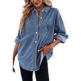 Plffkfly Women's Casual Button Down Denim Shirt Long Sleeve Boyfriend Oversized Jean Jacket with Pockets