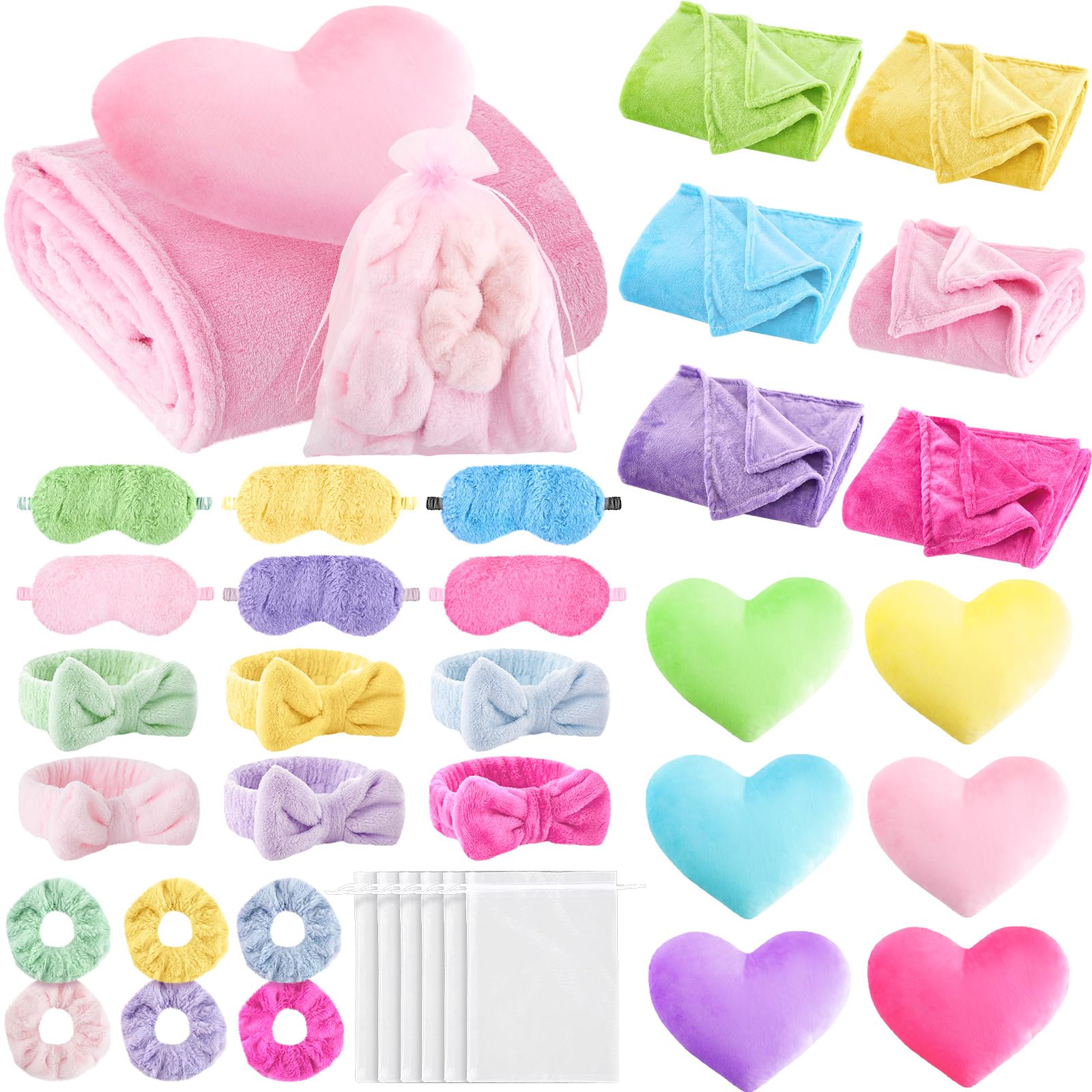 Photo 1 of Fanfanwin 36 Pcs Sleepover Party Supplies for Girls 6 Throw Blanket 6 Spa Headband 6 Heart Pillow 6 Scrunchies 6 Sleep Eye Mask 6 Organza Bag for Spa Birthday Slumber Party Favors Supplies(Multicolor)