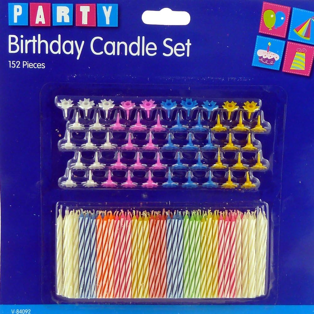 PACK OF 152 PIECE BIRTHDAY CANDLE SET / HOLDER MULTI COLOUR CANDLES