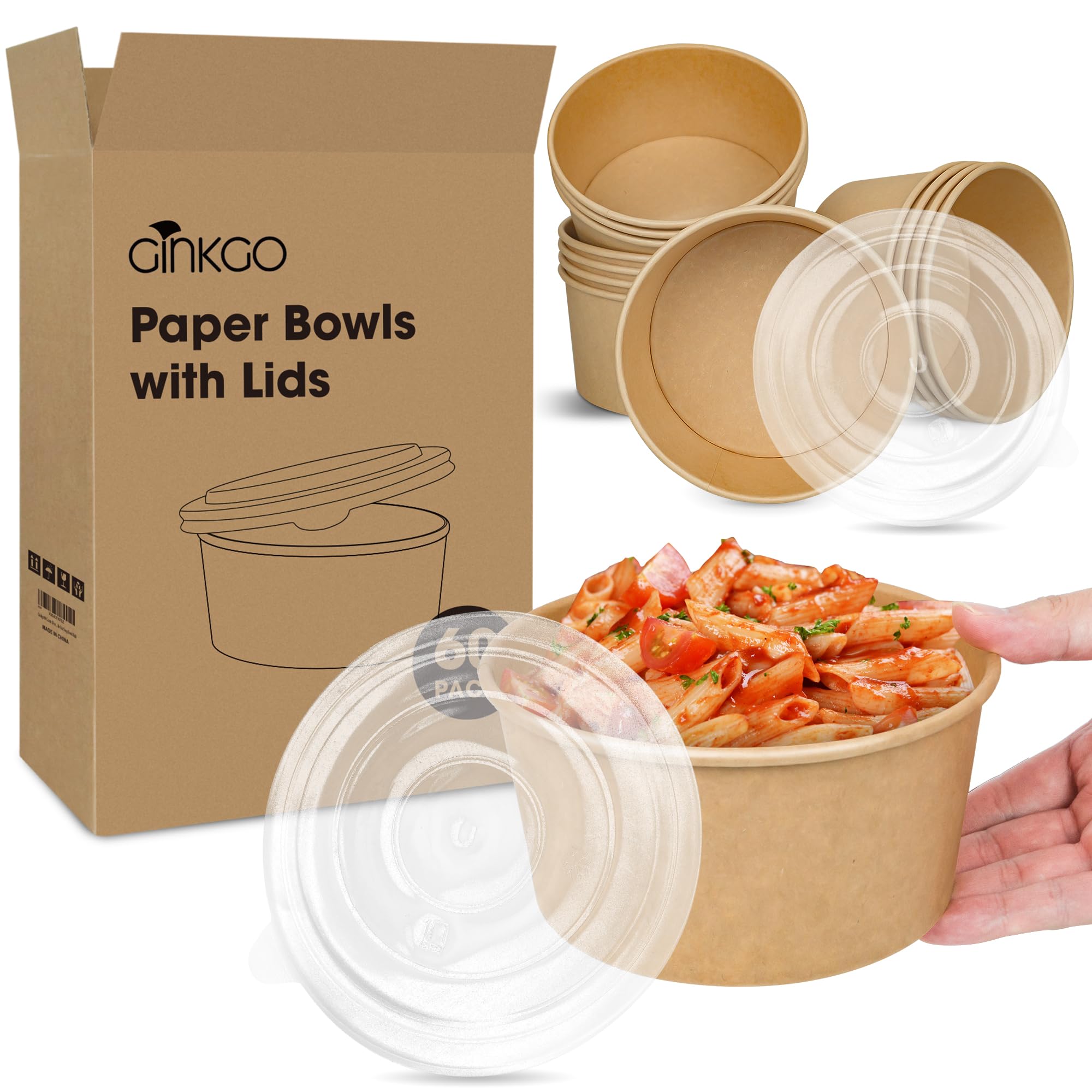 Photo 1 of Ginkgo 30 oz Disposable Meal Prep Containers with Lids, Large Paper Bowls Bulk for Hot Soup, Food, Salad, Ice Cream, Dessert, Cereals, 60 Count