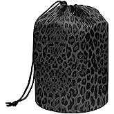 Poceacles Leopard Print Makeup Bag for Women, Foldable Portable Drawstring Travel Cosmetic Case, Toiletry Bucket Bags Organizer Storage Pocket, Black