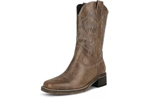 ISNOM Cowgirl Cowboy Boots for Women, Western Boots with Square Toe, Pull-on Tab and Unique Embroidery Design