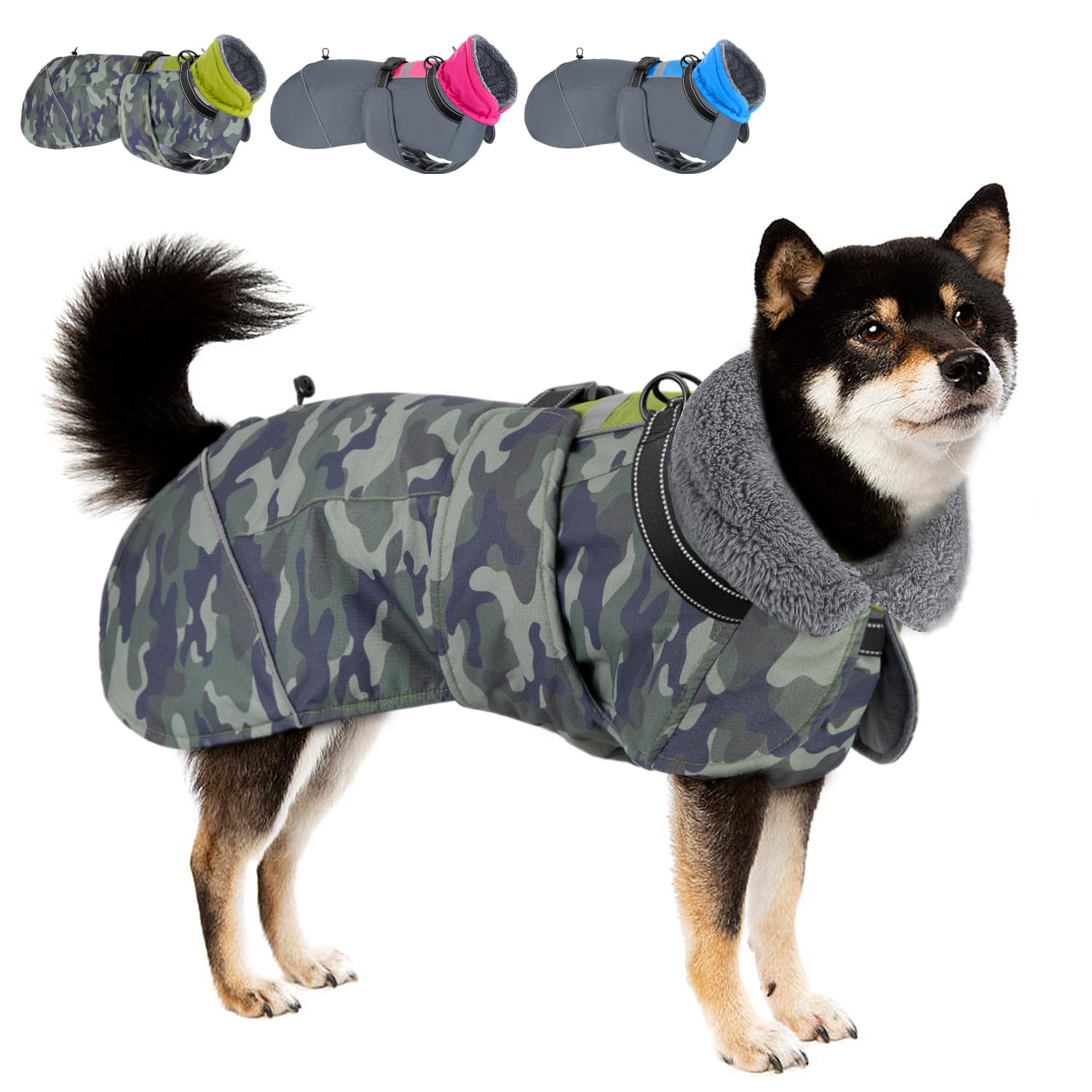 Eyein Dog Coat - Waterproof Adjustable Fleece Dog Turtleneck Jacket with Collar and Drawstring - Reflective Winter Pet Clothes for Medium Large Dogs in Cold Weather(Green,M) — image 1