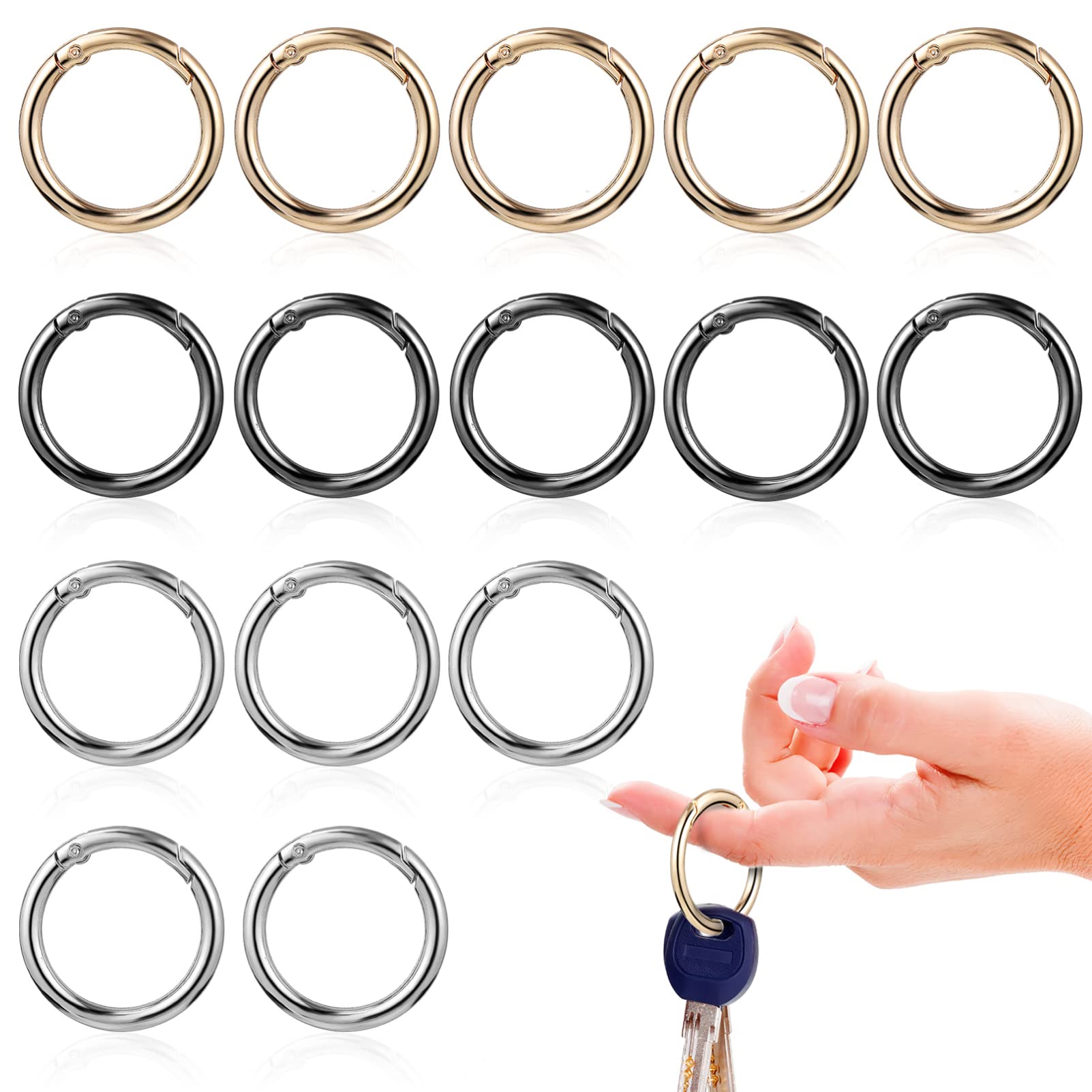 EXCEART 15 Pieces Round Carabiners Clips, Round Spring Snap Carabiner Clip Spring Key Ring Clips O Ring Buckle for Keychains, Bag, Purse and Handbag