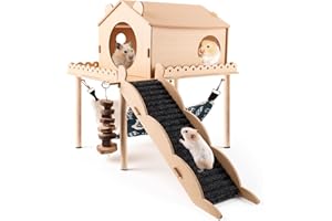 Kalolary Detachable Double-Decker Guinea Pig Hideout, Large Wooden Guinea Pig Castle with Stair, Hammock, Mat for Small Anima