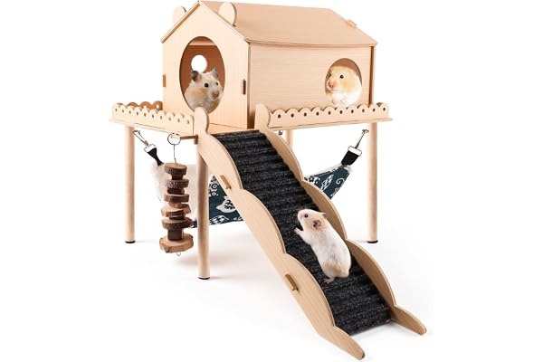 Kalolary Detachable Double-Decker Guinea Pig Hideout, Large Wooden Guinea Pig Castle with Stair, Hammock, Mat for Small Anima