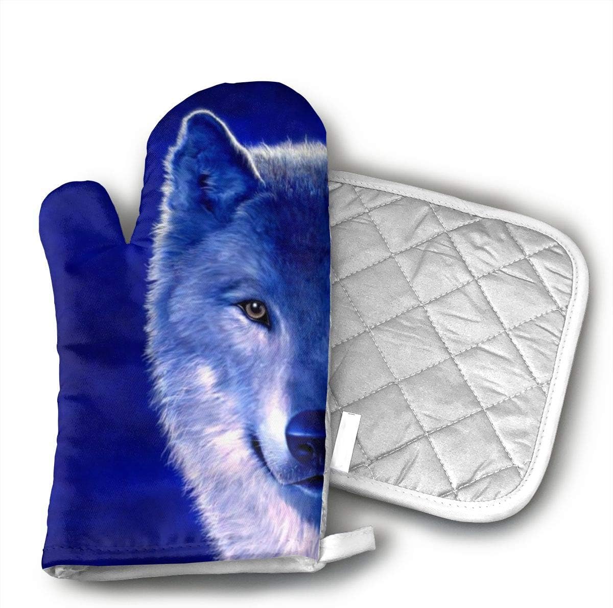 UYRHFS Wolves Blue Oven Mitts and Pot Holder Kitchen Set with, Heat Resistant, Oven Gloves and Pot Holders 2pcs Set for BBQ Cooking Baking