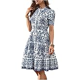 Floerns Women's Floral Dress Mock Neck Short Sleeve Button Ruffle A Line Dresses
