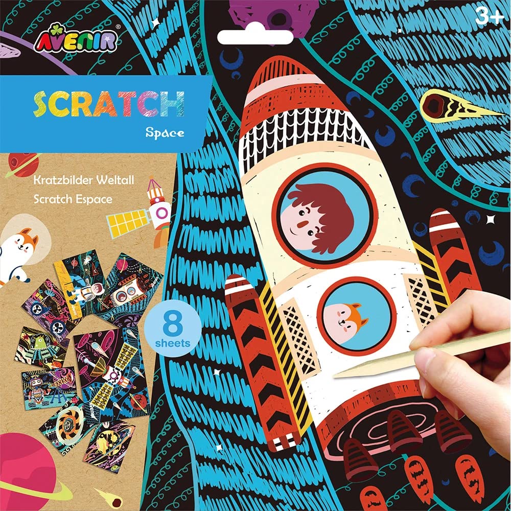 Avenir Scratch Space Scratch Art Set for Girls and Boys 3+, Includes Scratch Boards and Scratch Tool, Space Themed Craft for Kids. DIY creative activity