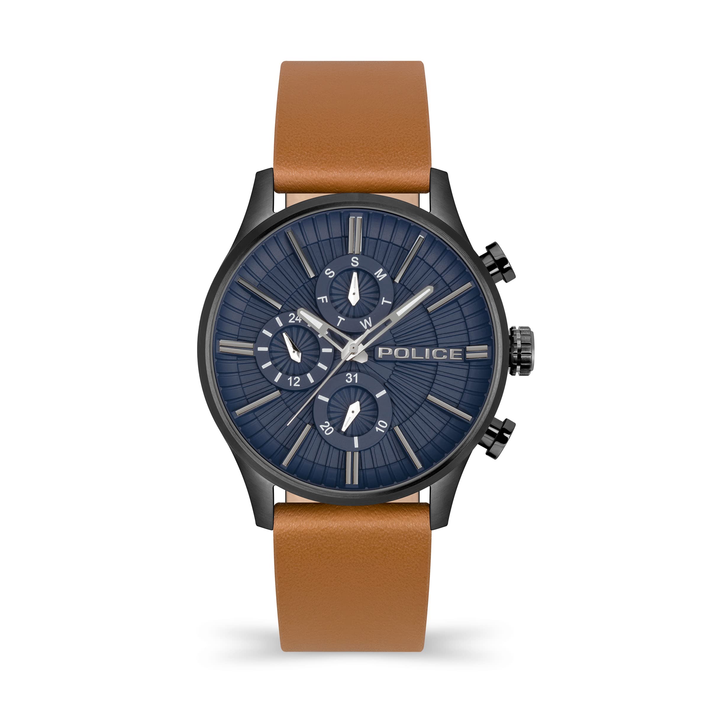 Police Barter Mens Multifunction Watch with Blue Dial and Tan Leather Strap, 44mm Stainless Steel Case in Branded Watch Box PEWJF2195003 – 2 Year Warranty