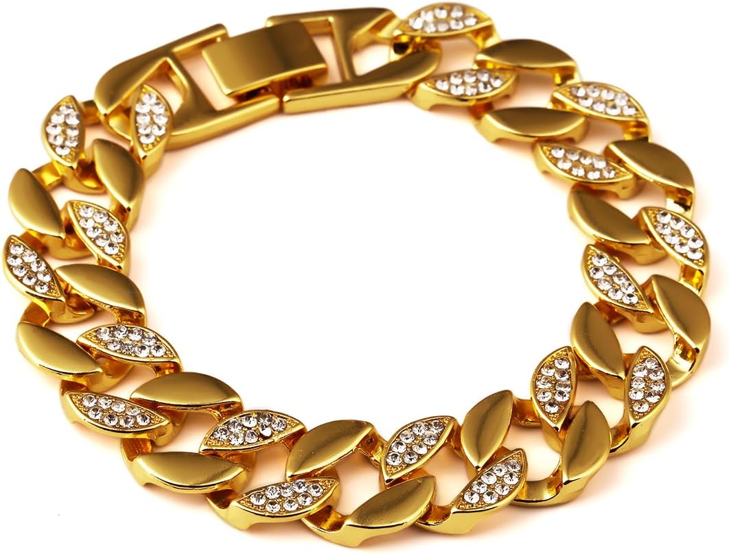 Mens Hip Hop Bling 18K Gold Rhinestone Diamond Zinc Alloy Bracelet