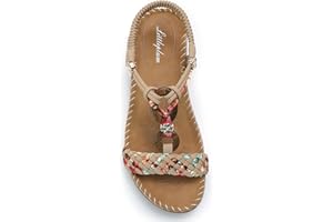 Littleplum Women Sandals Arch Support Handmade Bohemian Braided Flat Sandals Comfort Walking Beach Ankle Elastic Summer Shoes