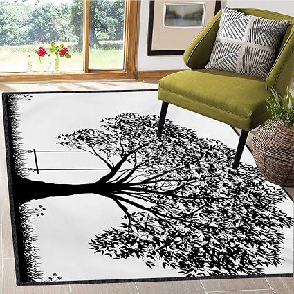 Amazon 木 ベビー 保育園 木 シルエット スイングイラスト 花 芝生 モノクロ 柄 ドアマット 5x7フィート ブラックとホワイト Lacencn ラグ カーペット 通販