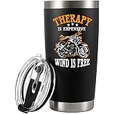 Panvola Therapy Is Expensive Wind Is Free Motorcycle Gifts Vacuum Insulated Tumblers Biker Rider Gift For Dad Husband Boyfriend Uncle Travel Mug (Black, 20 Ounces)