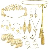 Greek Goddess Costume Accessories Set Grecian Roman Toga Accessories Golden Laurel Leaf Crown Headband Upper Arm Cuff Leaf Pearl Dangle Earring Necklace Waist Belt Leg Wraps Mythology Jewelry for Women