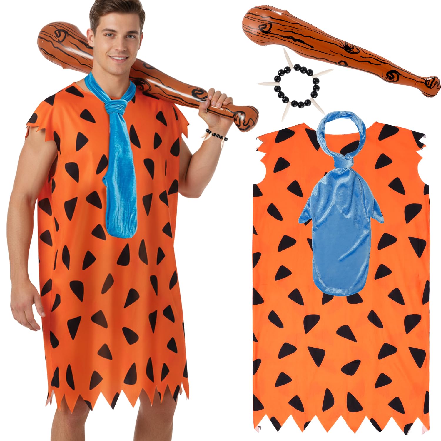 Photo 1 of 4Pcs Adult Halloween Costume Classic Caveman Orange Tunic with Tie Inflatable Stick Halloween Outfits for Cosplay & Family Parties ?
