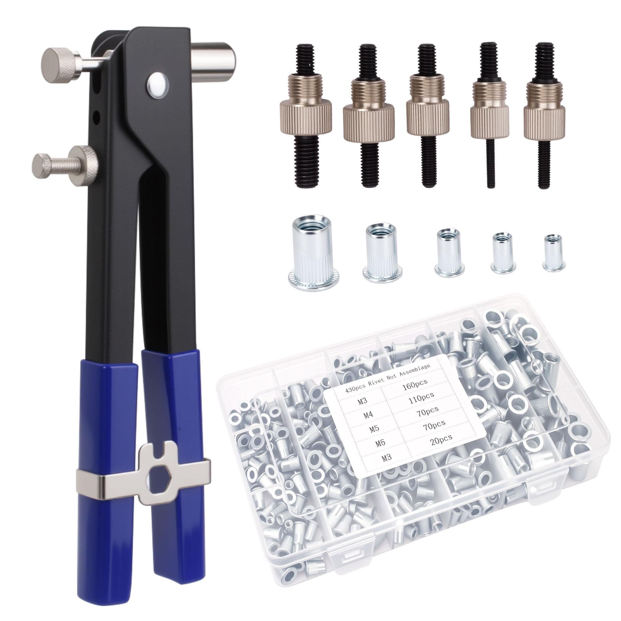 Photo 1 of Rivet Nut Tool Kit, 430PCS Metric Rivnuts Assortment Kit (M8/M6/M5/M4/M3) with Rivet Nut Gun for Decoration, Furniture, Marine and Industrial Applications (Sliver)