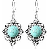 GPASTG Handmade Bohemian Retro Silver Hollow Round Flower Turquoise Geometry Circle Dangle Drop Earrings For Women