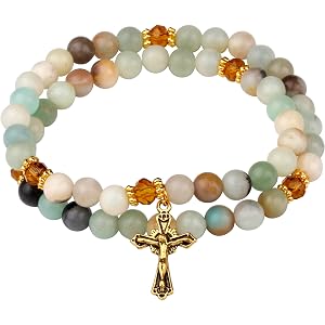 HELLOWIN Natural Stone Catholic Wrap Elastic Cord Rosary Bracelet for Women | for Women, Elastic Cord, Jesus Crucifix Charm,
