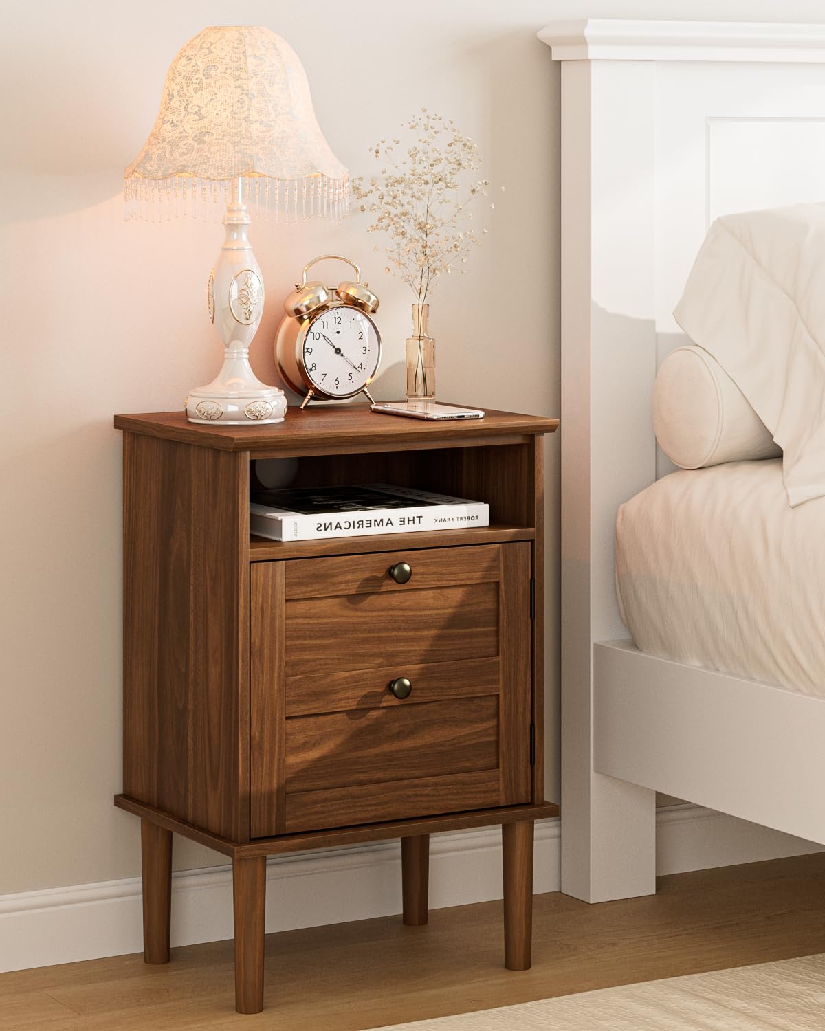 Photo 1 of **IMPERFECT** Apetaccat Nightstand, Boho Night Stand with 1 Drawer, Modern Side Accent Table with Open Shelf, Wooden Top Bedside End Table for Bedroom, Living Room, Walnut