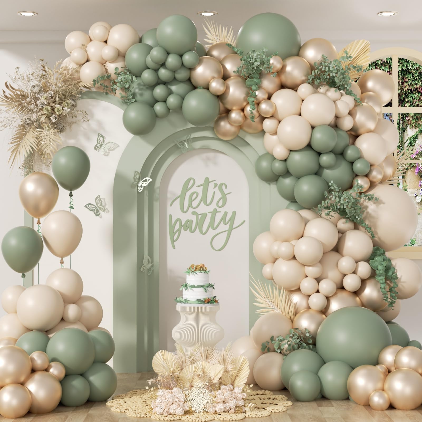 Photo 1 of 130Pcs Sage Green Balloon Garland Arch Kit with Sage Green Sand White Gold Balloons for Baby Shower Bridal Shower Birthday Engagement Birthday Party Decorations