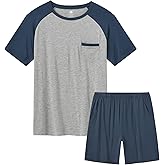 MoFiz Mens Pajama Set Pjs Sleepwear Nightwear Lightweight Quick Dry Soft Short Sleeve V-Neck Summer Pjs Sleep Set With Pocket