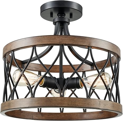 Danxu Lighting 3 Light Drum Shade Semi Flush Mount Burled Walnut
