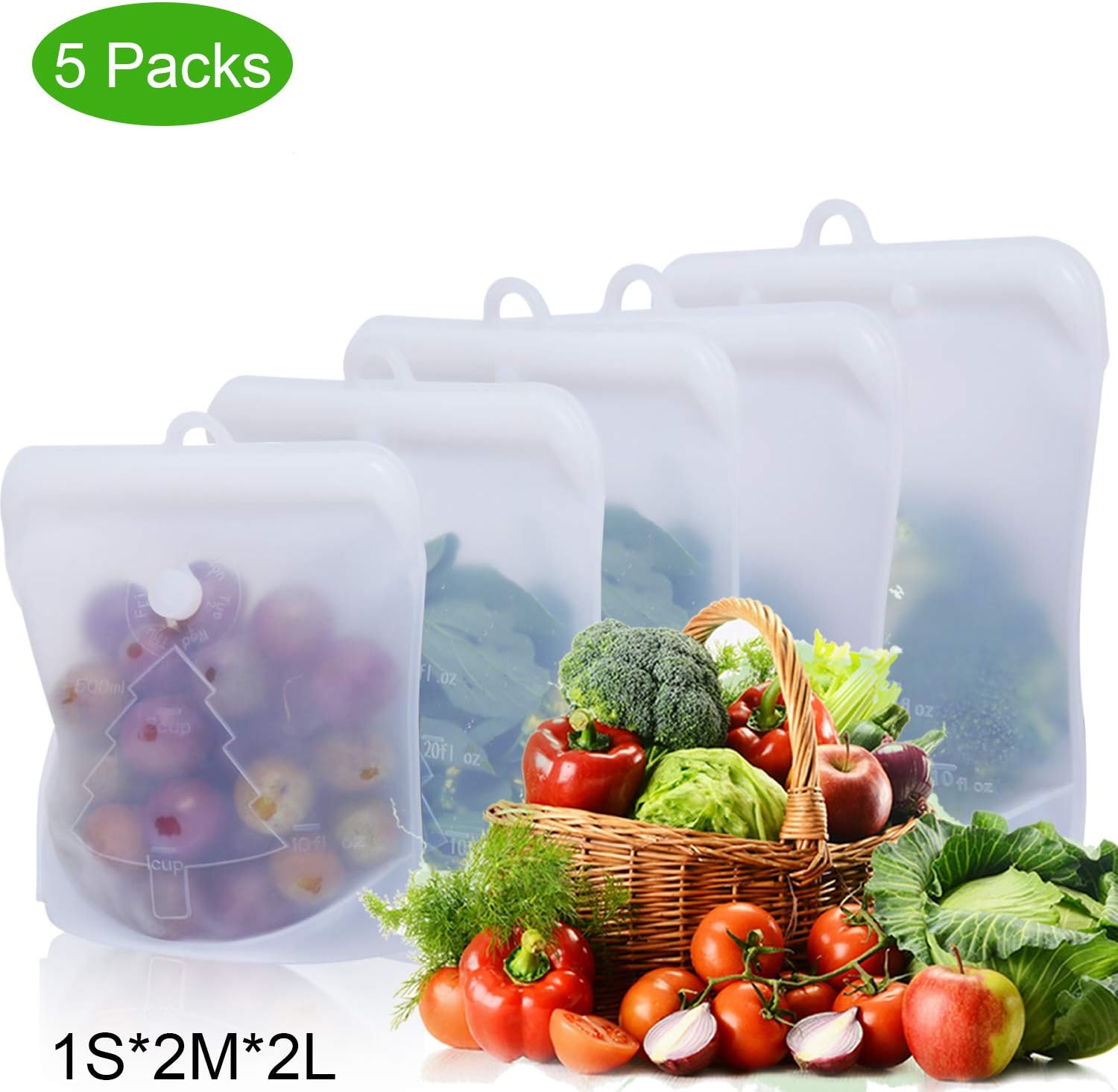 Silicone Storage Bag Reusable,100% Pure Silicone Lunch Bags,Reusable Snack Containers,Food Save Bags,Resuable Soup Bags,Leakproof Stand Up No Plastic Slider,Vegetable Meat Fruit Microwave Dishwasher