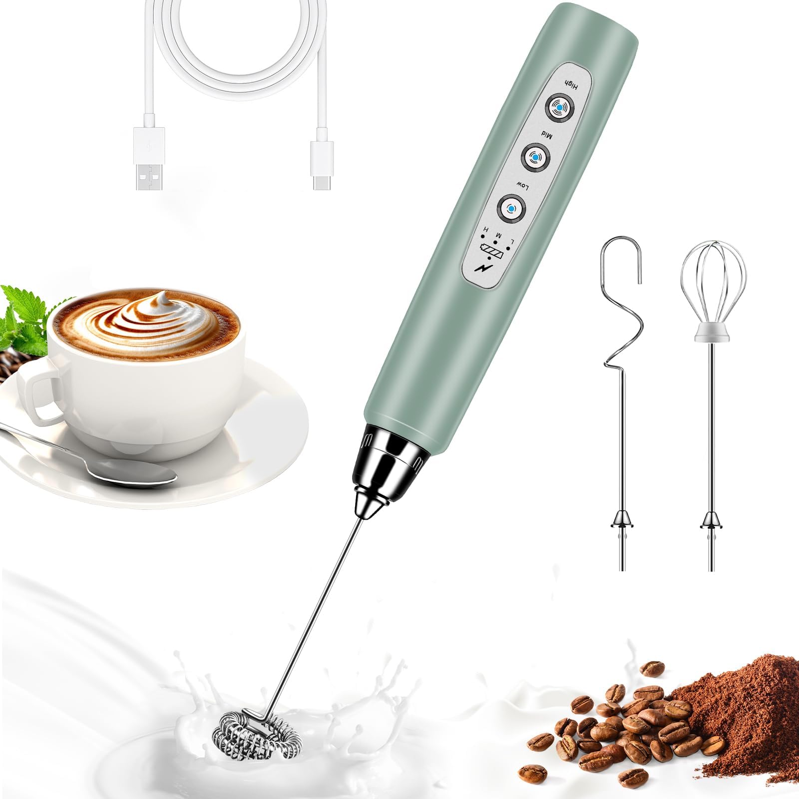 Photo 1 of *MISSING HOOK WHISK* BSRGMS Milk Frother Handheld for Coffee, Electric Whisk 3 Speed Adjustable, Drink Mixer with Stainless 3 Whisks, Rechargeable Hand Frother Wand, Foam Maker for Latte Cappuccino Hot Chocolate Egg Green