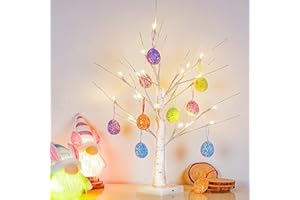 Easter Decorations kemooie 24 Inch Pre-lit White Birch Tree with 10 Hanging Easter Egg Ornaments, 24 Led Lights Battery Operated Easter Table Centerpiece for Party Birthday Home Spring Decoration