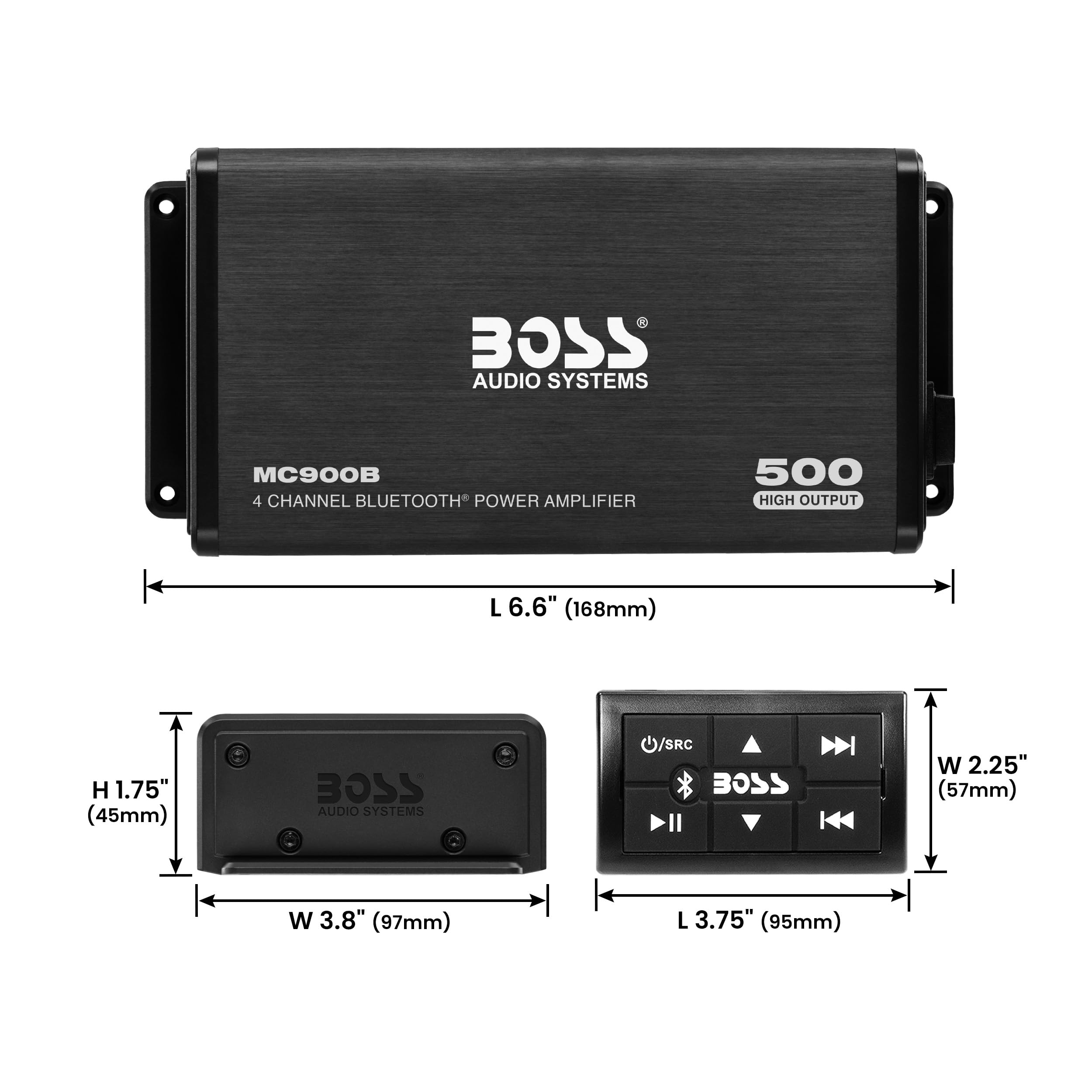 BOSS Audio Systems MC900B 4 Channel Amplifier for ATV UTV Car Marine - 500 High Output, Low Level Inputs, Full Range, Weatherproof, Bass for Subwoofer